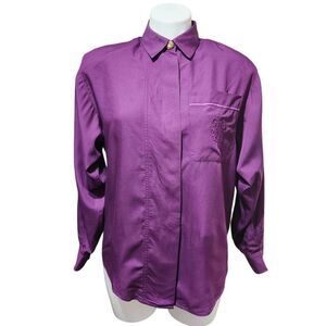 Studio Michelle Stuart rayon blouse hidden button front gold button purple small